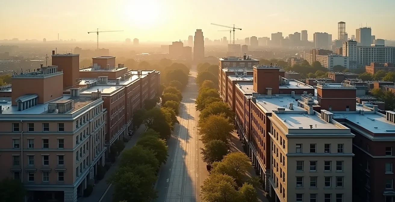 Vue aérienne d'un quartier urbain en transformation avec immeubles anciens et modernes