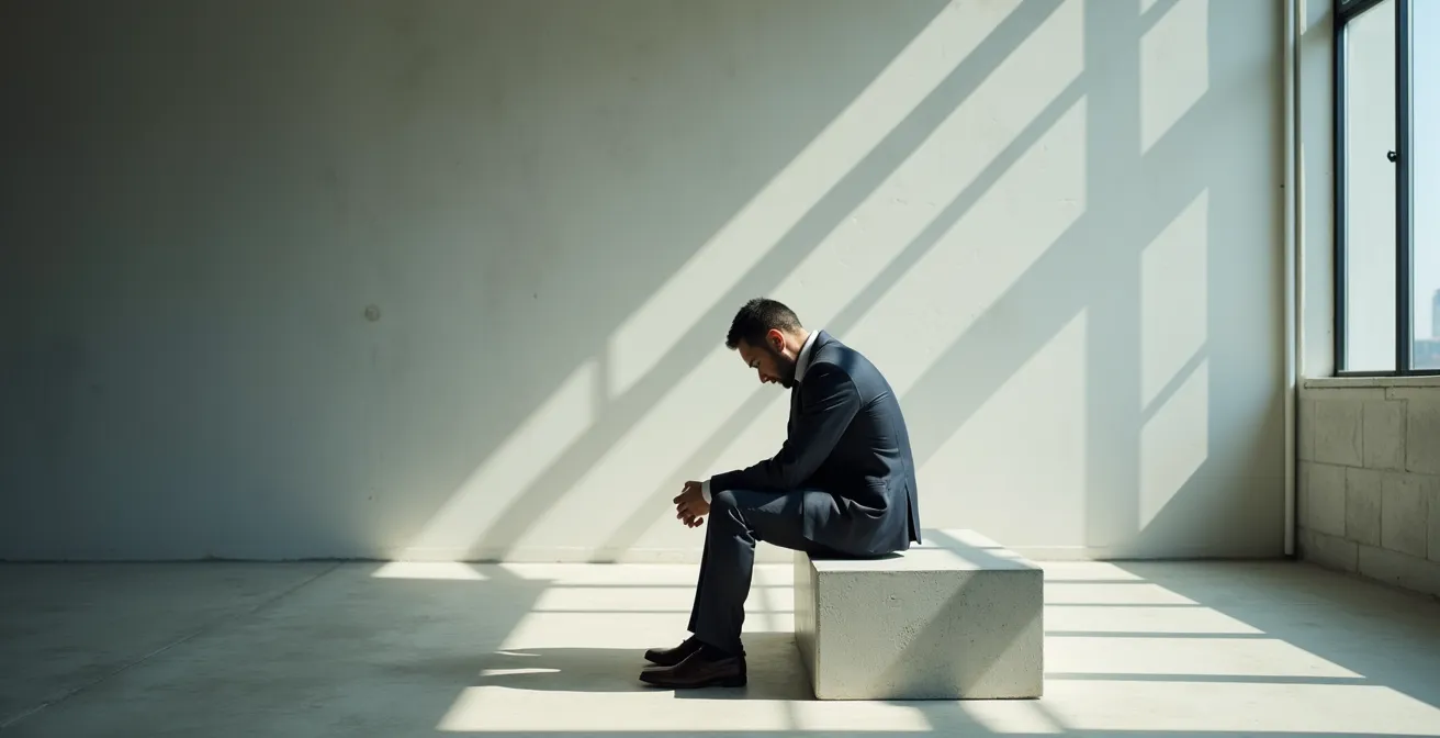 Un homme d'affaires assis dans un espace minimaliste, tête baissée, incarnant l'épuisement mental