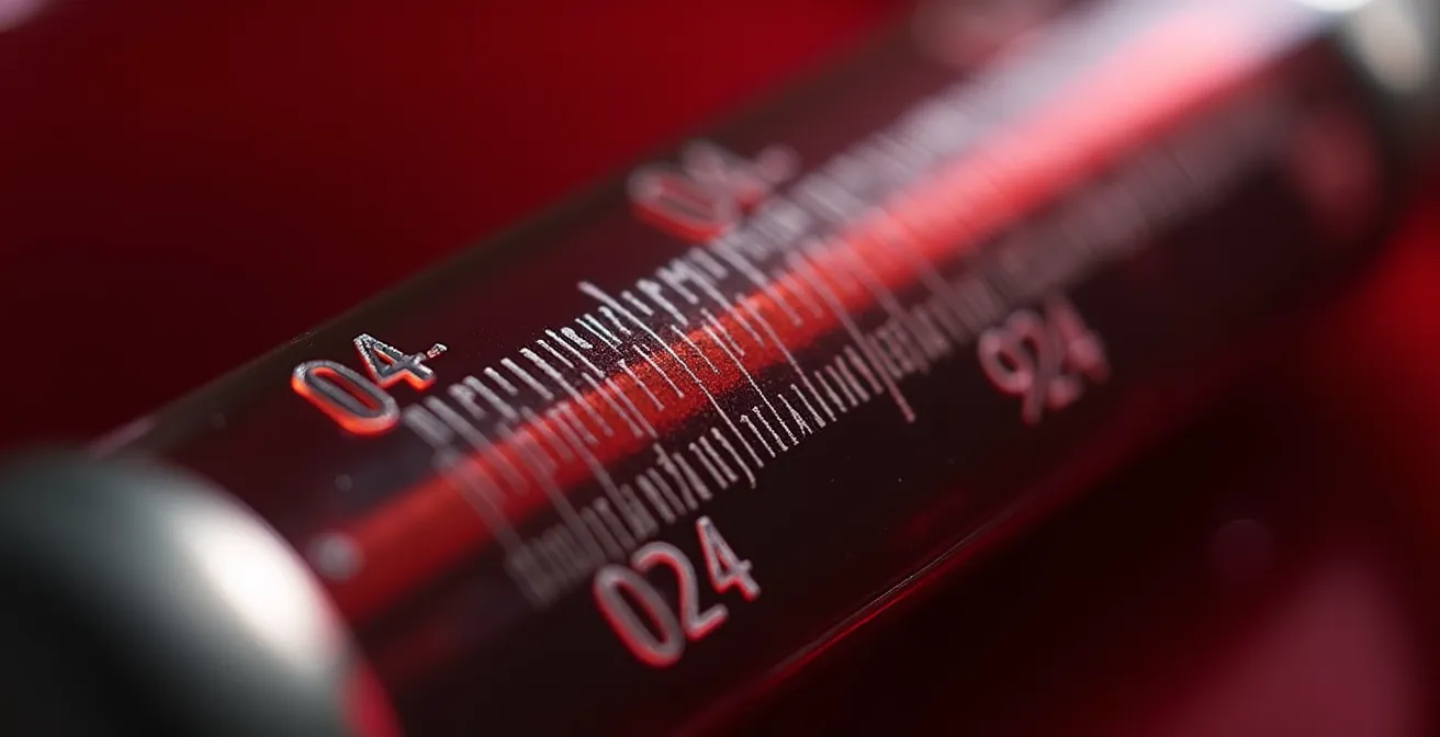 Gros plan macro sur un thermomètre à vin plongé dans un verre de vin rouge montrant la température idéale