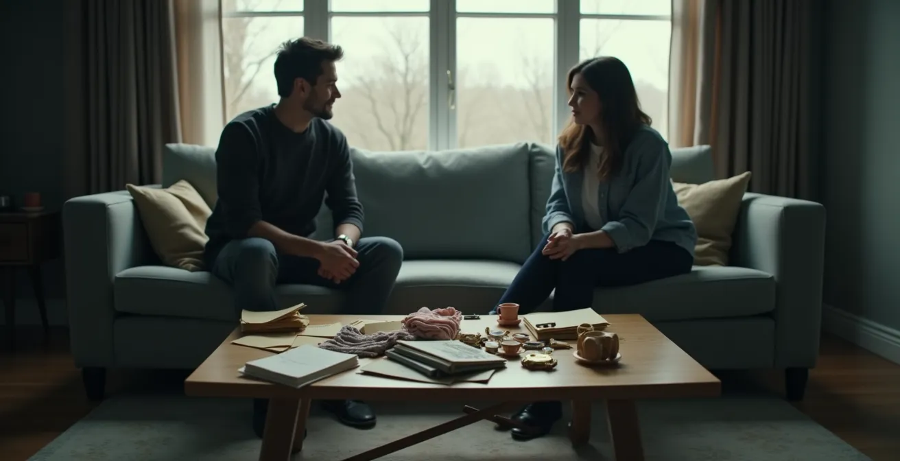 Couple dans un salon montrant une distance émotionnelle, chacun absorbé par ses préoccupations