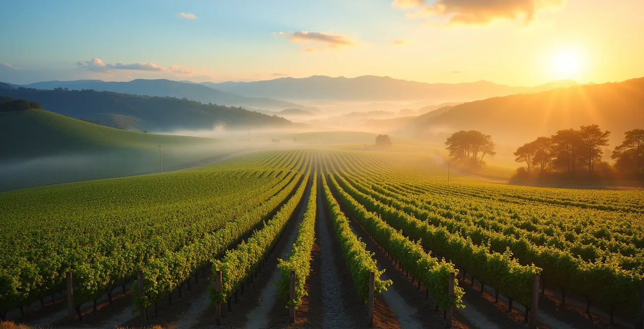 Vue panoramique montrant deux paysages viticoles contrastés symbolisant les différences entre Bourgogne et Californie