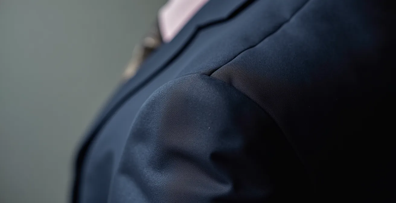 Détail d'une veste de costume structurée, mettant en évidence la texture du tissu et la précision de la coupe